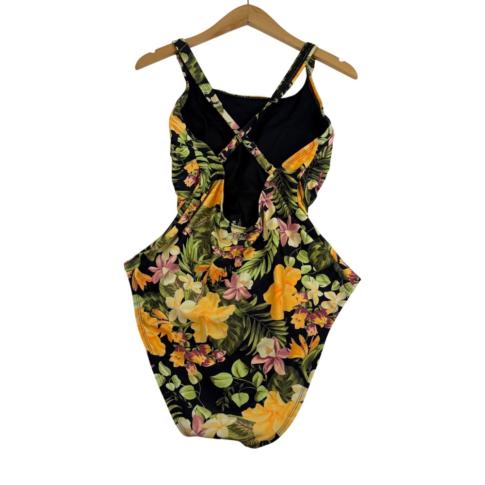 Hurley Womens Tropical Floral One Piece Swimsuit Black Yellow Crossback Small